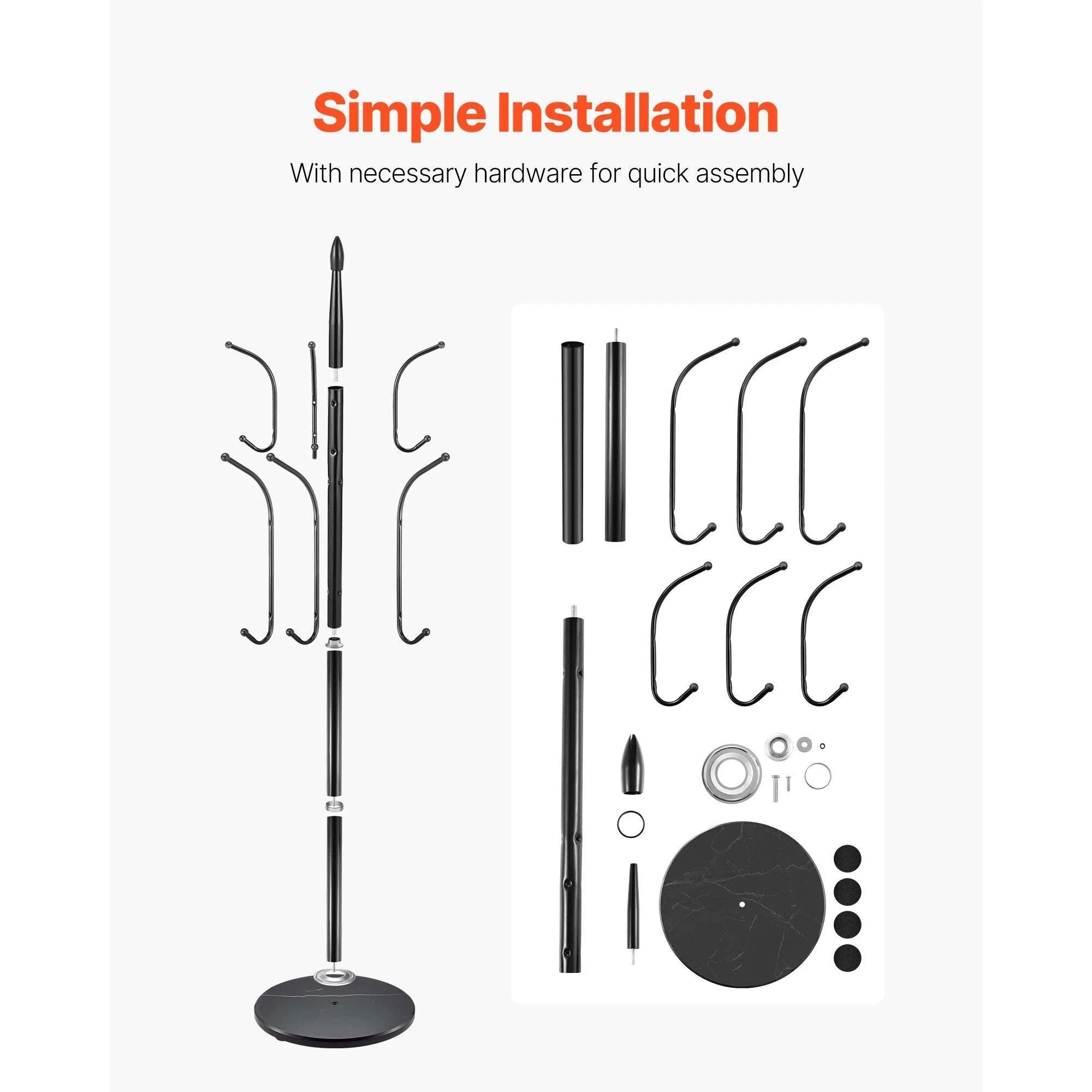 Freestanding Coat Rack with Marble Base & 6 Hooks Stand-Carbon Steel / United States