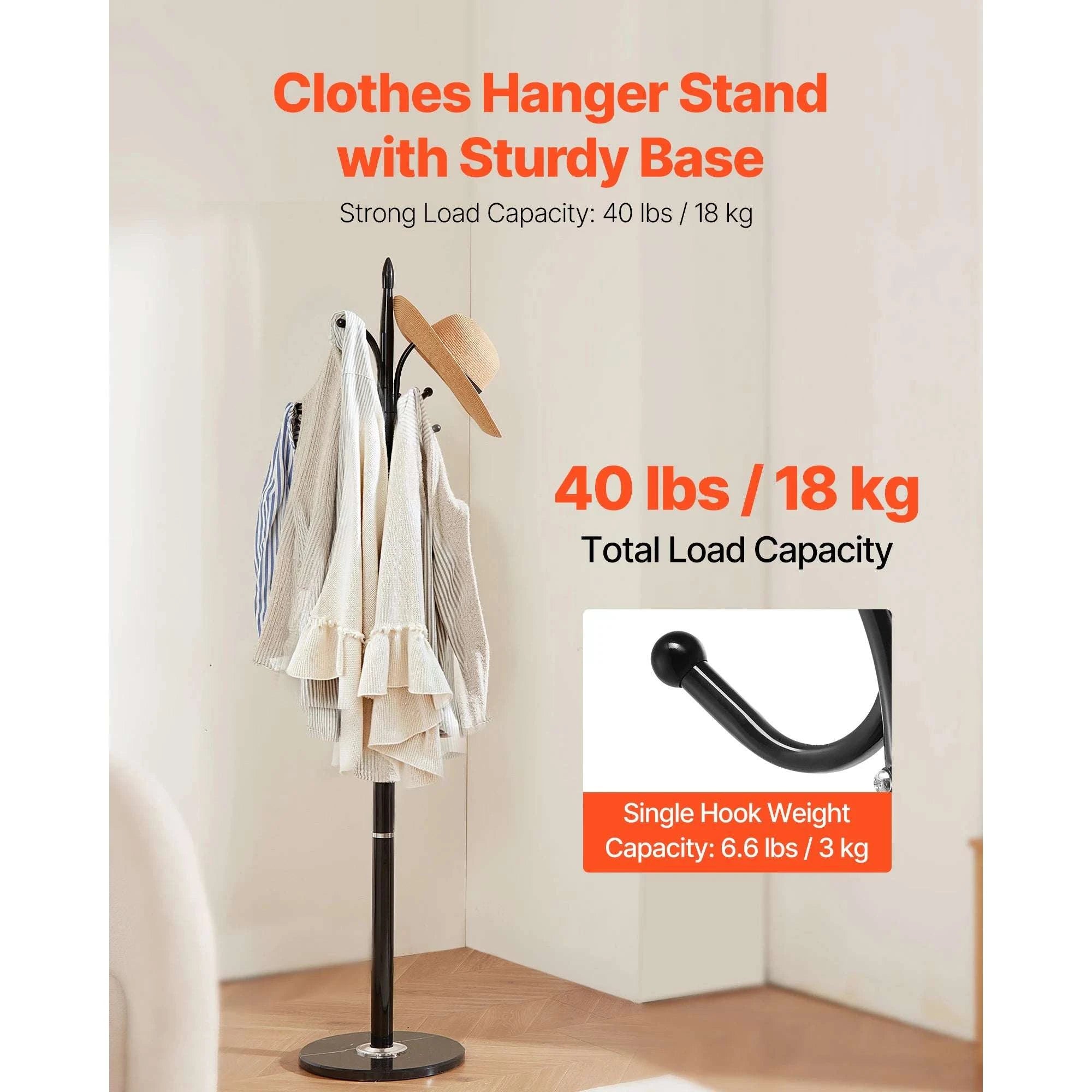 Freestanding Coat Rack with Marble Base & 6 Hooks Stand-