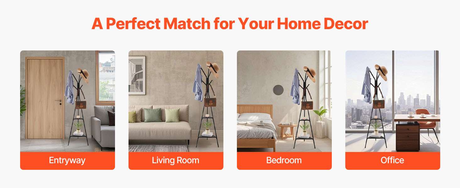 Freestanding Coat Rack with Shelves and Hooks for Entryway Storage-Carbon Steel / United States
