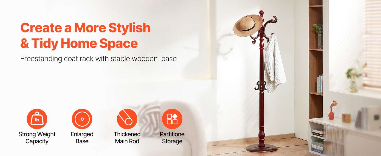 Freestanding Wooden Coat Rack with 11 Hooks & Weighted Base-Birch Wood / United States