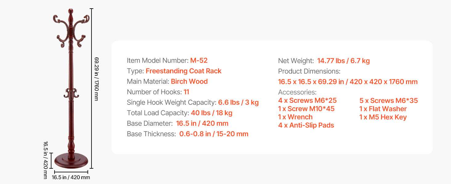 Freestanding Wooden Coat Rack with 11 Hooks & Weighted Base-Birch Wood / United States