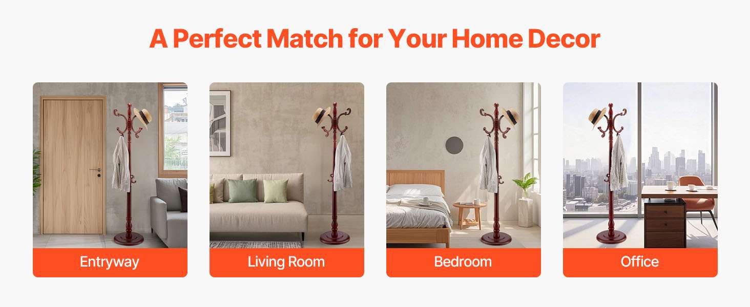 Freestanding Wooden Coat Rack with 11 Hooks & Weighted Base-Birch Wood / United States