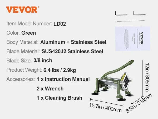 French Fry Cutter Potato Slicer with 1/2 and 3/8 Inch Stainless Steel Blades-LD03 2 Size / france
