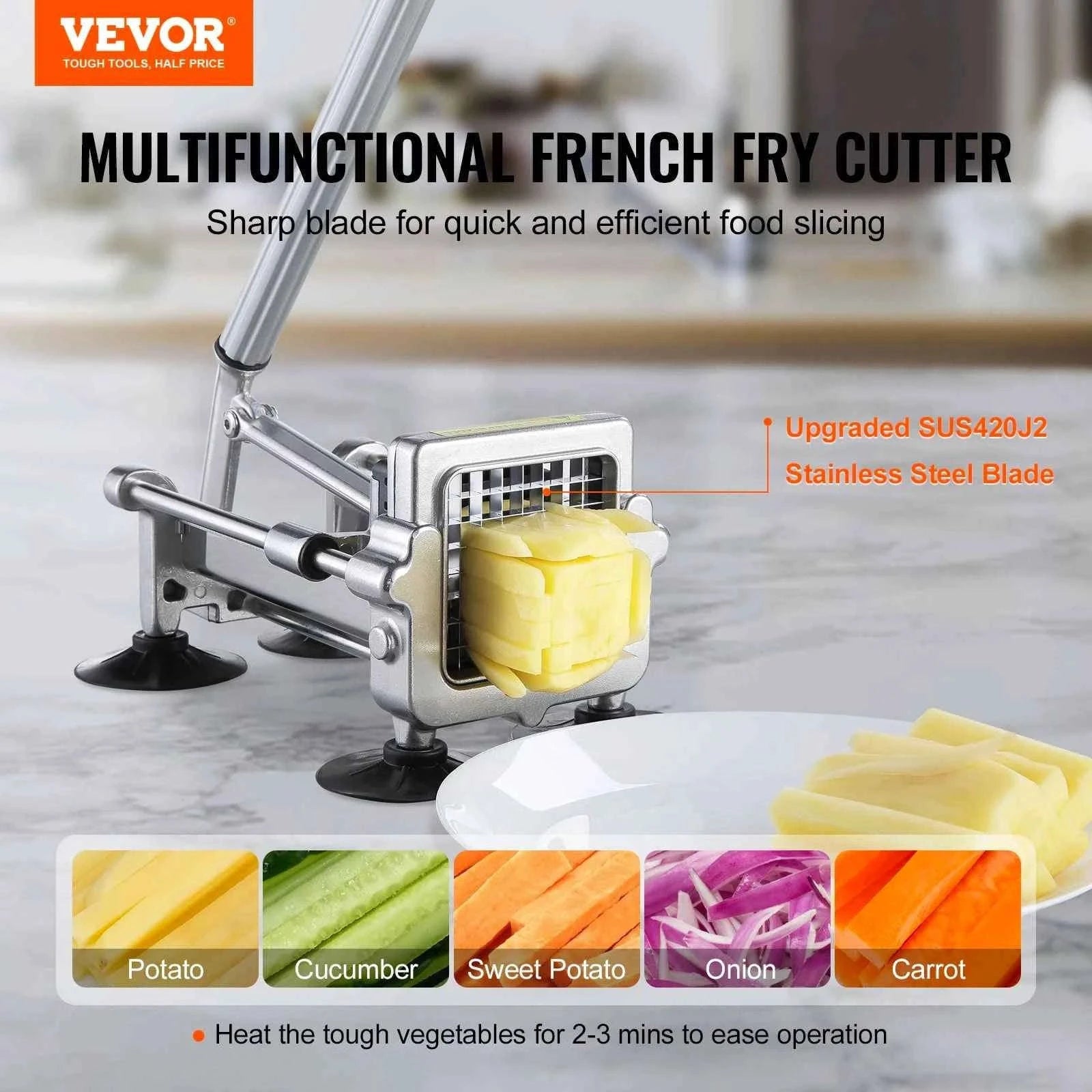 French Fry Cutter Potato Slicer with 1/2 and 3/8 Inch Stainless Steel Blades-LD03 2 Size / france