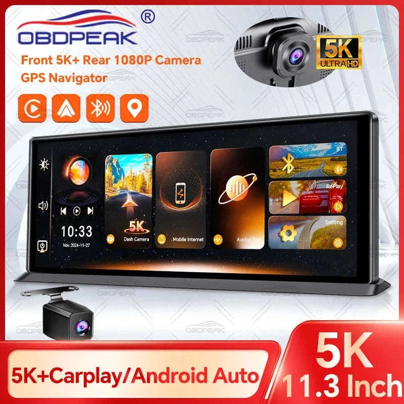 Front 5K Rear 1080P Dash Cam with 11.3-Inch Touch Screen and Night Vision-Single Len / With 64G TF Card