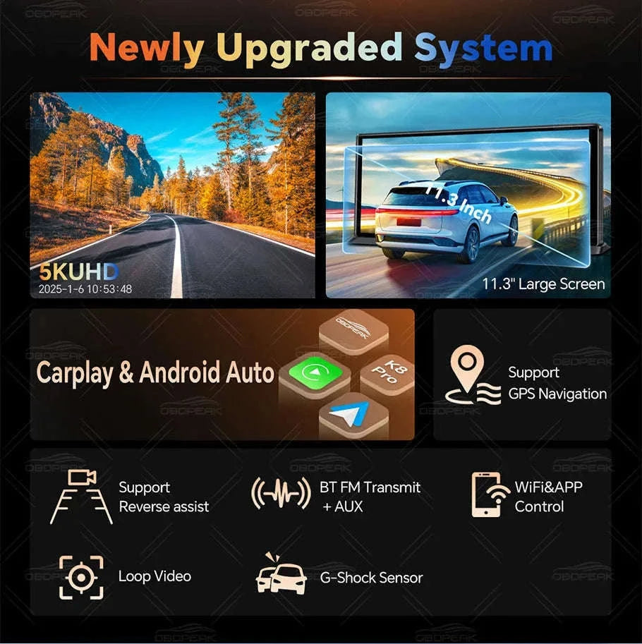 Front 5K Rear 1080P Dash Cam with 11.3-Inch Touch Screen and Night Vision-Single Len / With 64G TF Card