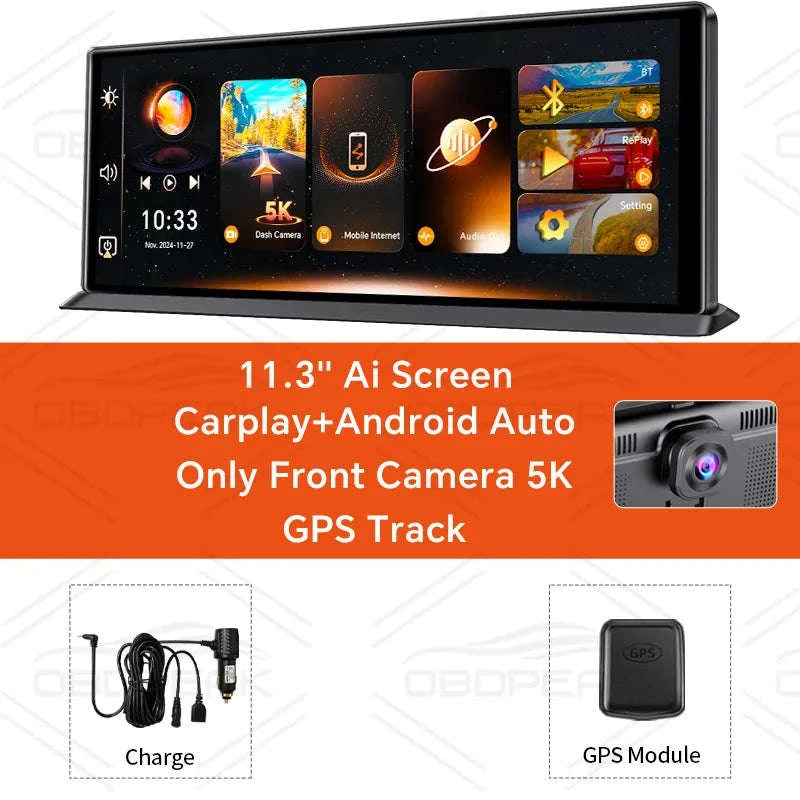 Front 5K Rear 1080P Dash Cam with 11.3-Inch Touch Screen and Night Vision-Single Len / With 64G TF Card