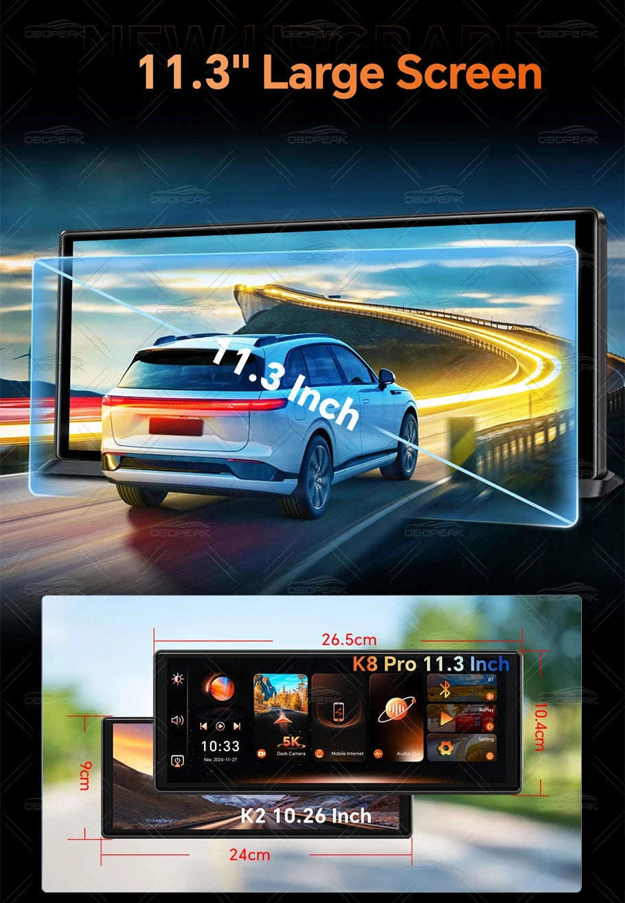Front 5K Rear 1080P Dash Cam with 11.3-Inch Touch Screen and Night Vision-Single Len / With 64G TF Card