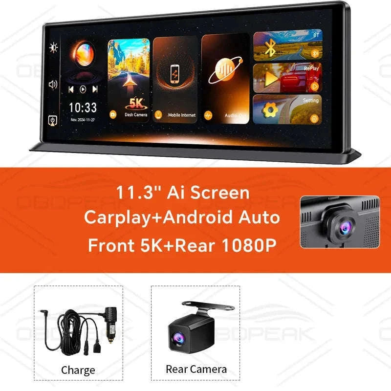 Front 5K Rear 1080P Dash Cam with 11.3-Inch Touch Screen and Night Vision-Single Len / With 64G TF Card