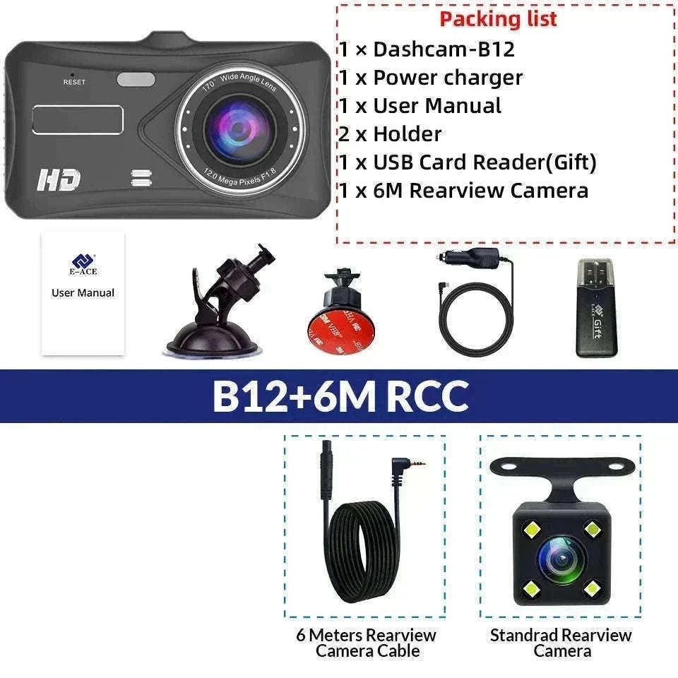 Front and Rear 1080P Dashcam with 4 Inch Touch Screen-B12-6M RCC-BL / None
