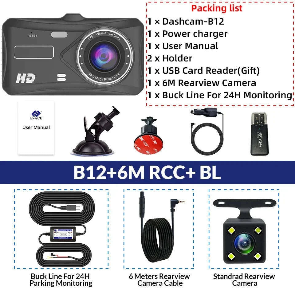 Front and Rear 1080P Dashcam with 4 Inch Touch Screen-B12-6M RCC-BL / None