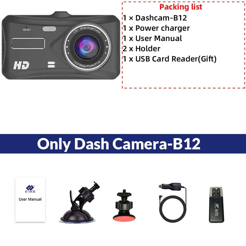 Front and Rear 1080P Dashcam with 4 Inch Touch Screen-B12-6M RCC-BL / None