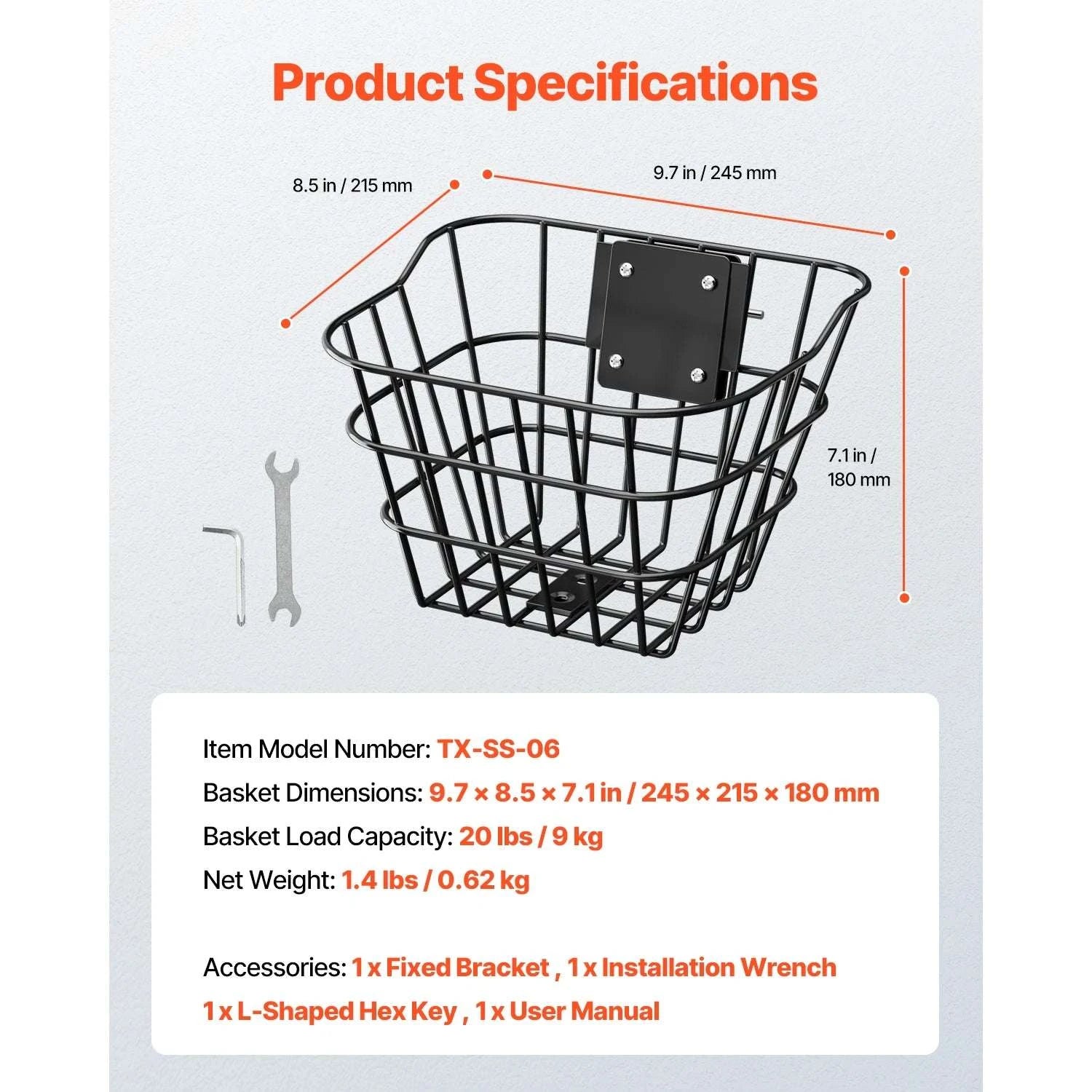 Front Bike Basket for Scooters & Bicycles – 20 lb Steel Carrier-20 lbs Non-foldable / United States