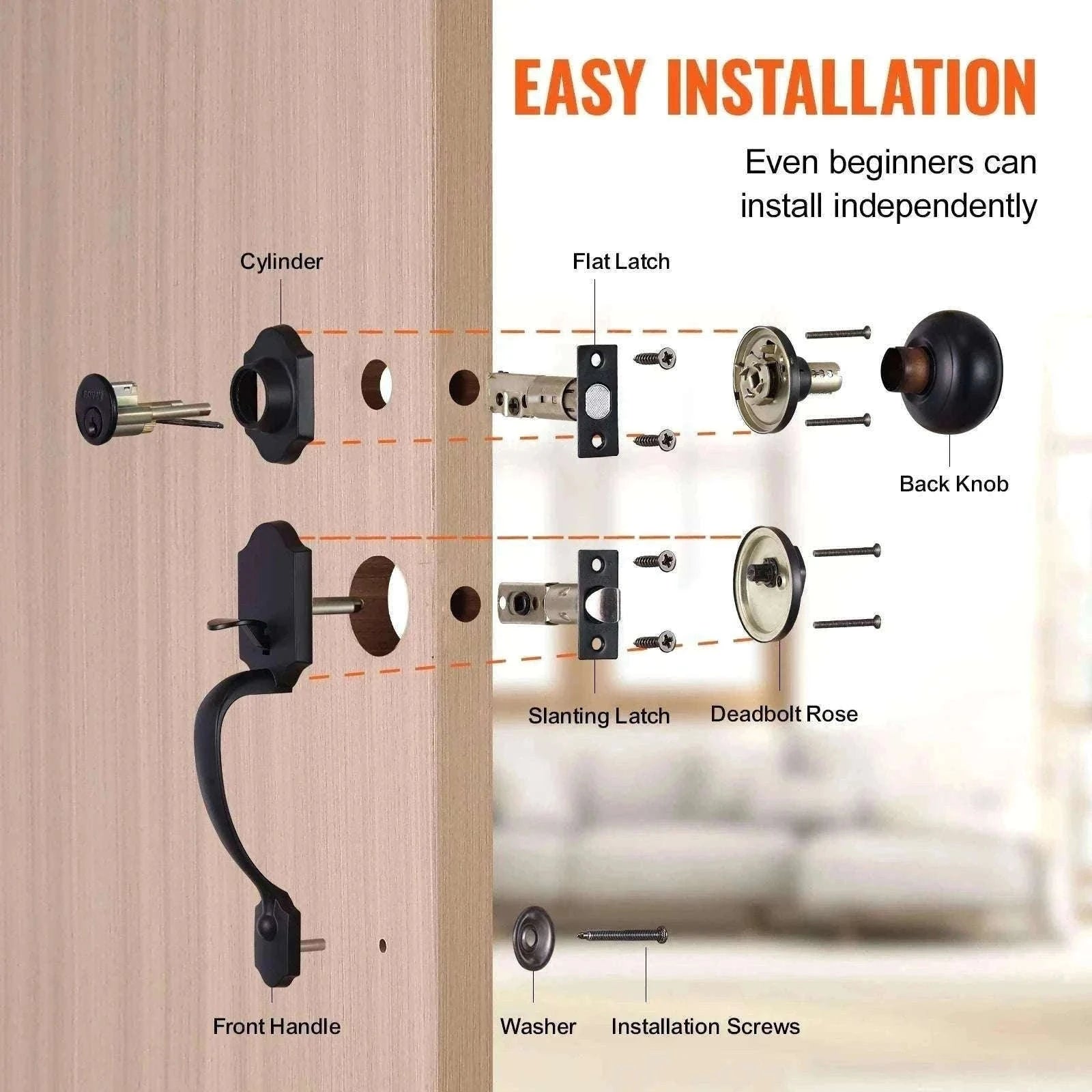 Front Door Handle Lock Set with Deadbolt and Interior Knob-Antique Copper / GERMANY