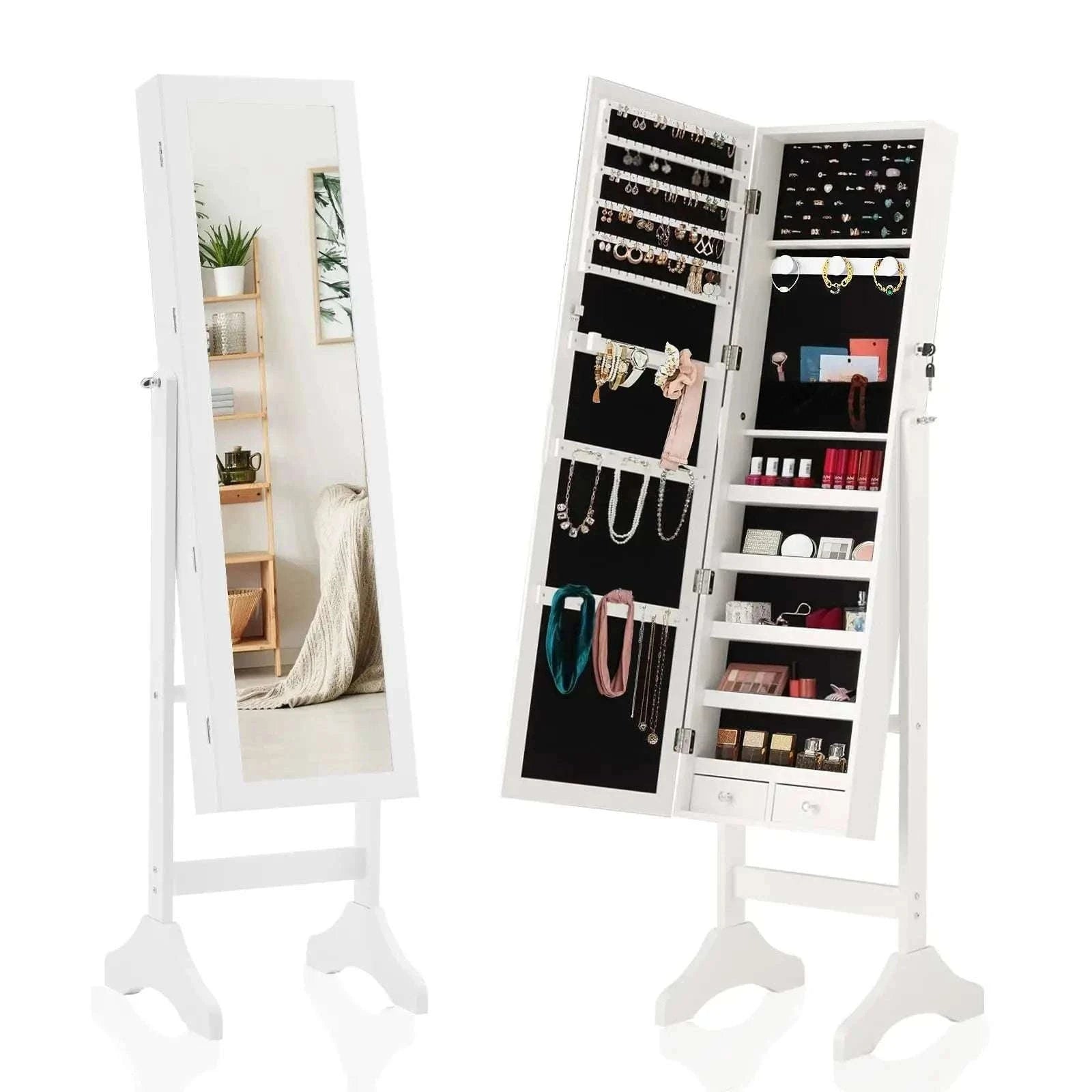 Full-Length Jewelry Armoire Mirror with Lockable Storage Cabinet-Ivory / United States
