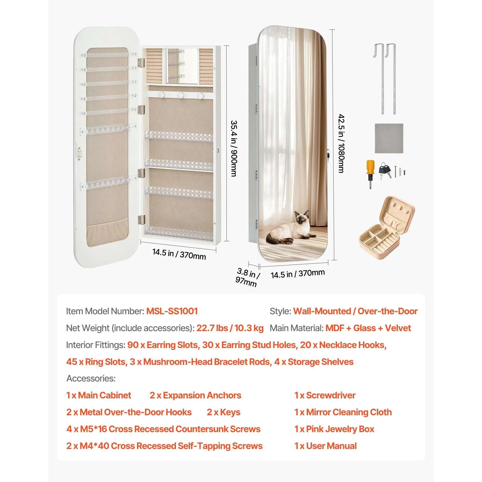 Full-Length Mirror Jewelry Cabinet with Lock & Hidden Storage-No LED / United States