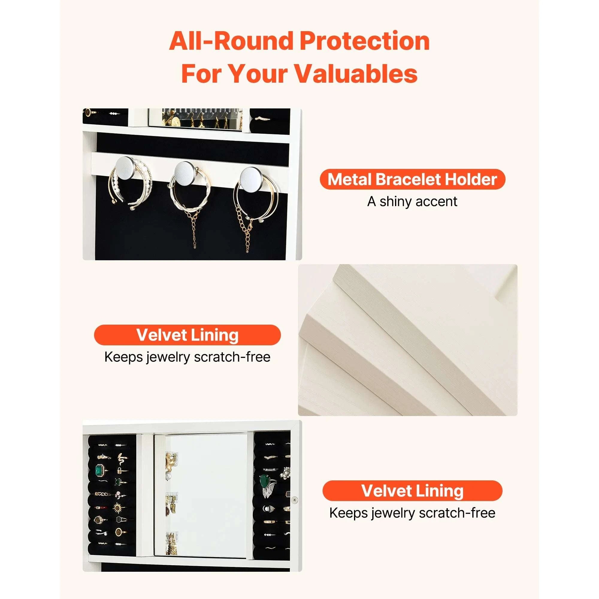 Full-Length Mirror Jewelry Cabinet with Lock & Hidden Storage-No LED / United States