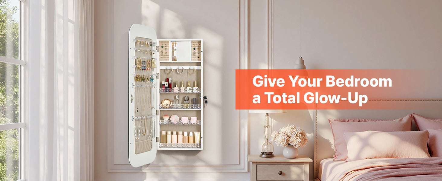 Full-Length Mirror Jewelry Cabinet with Lock & Hidden Storage-No LED / United States