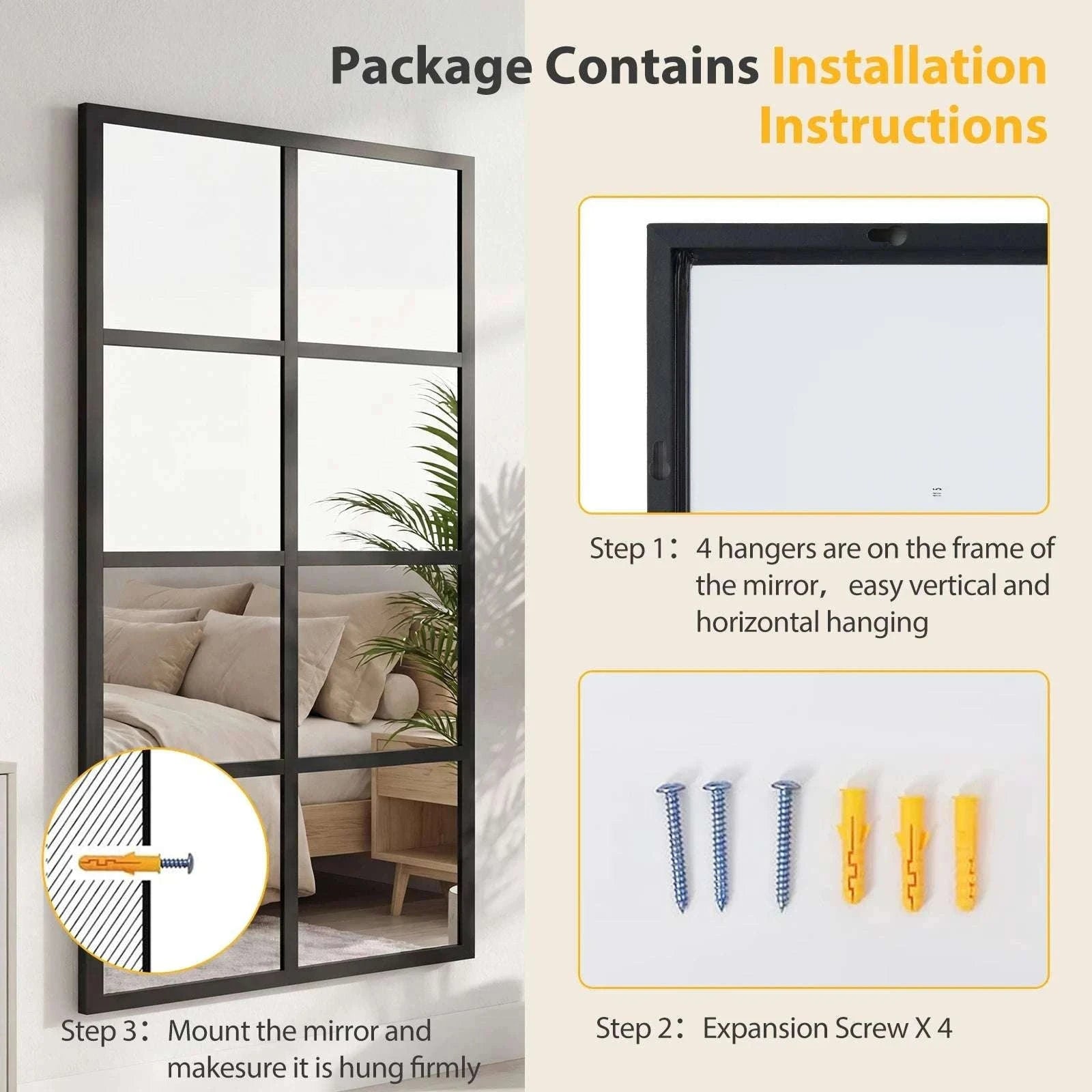 Full Length Window Pane Wall Mirror with Metal Frame 16x32-36L x 24W / United States