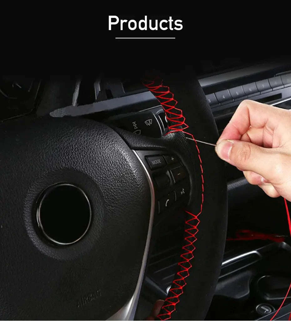 Fur Steering Wheel Cover 38cm Braided Anti Slip Leather-Blue Thread