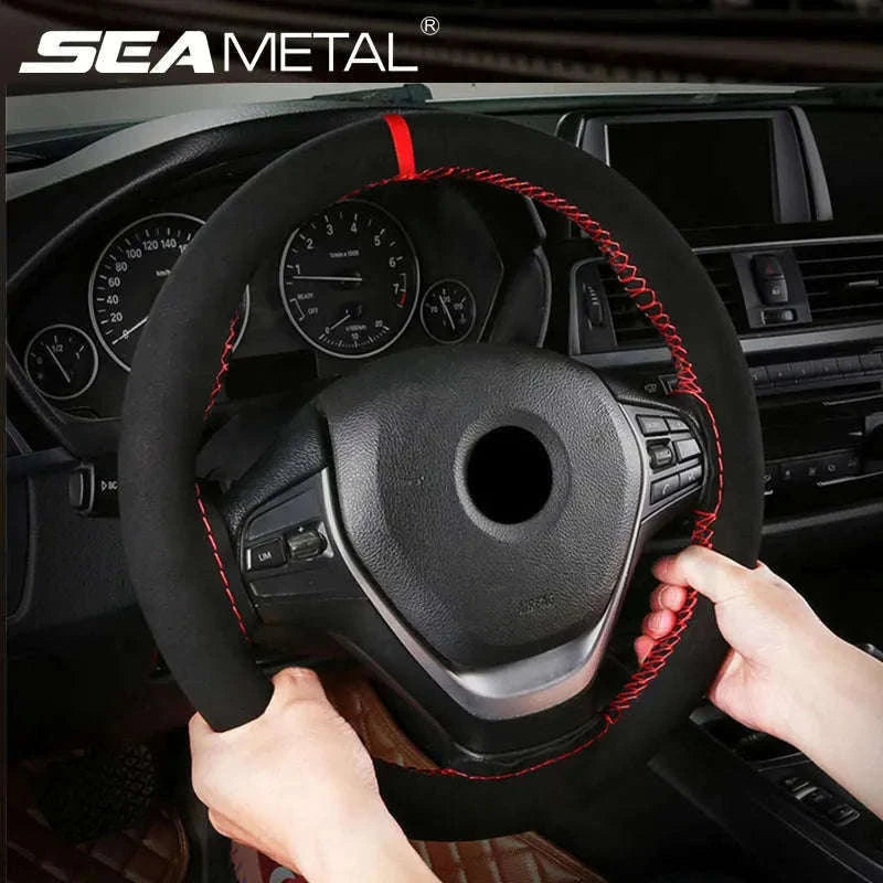 Fur Steering Wheel Cover 38cm Braided Anti Slip Leather-Blue Thread