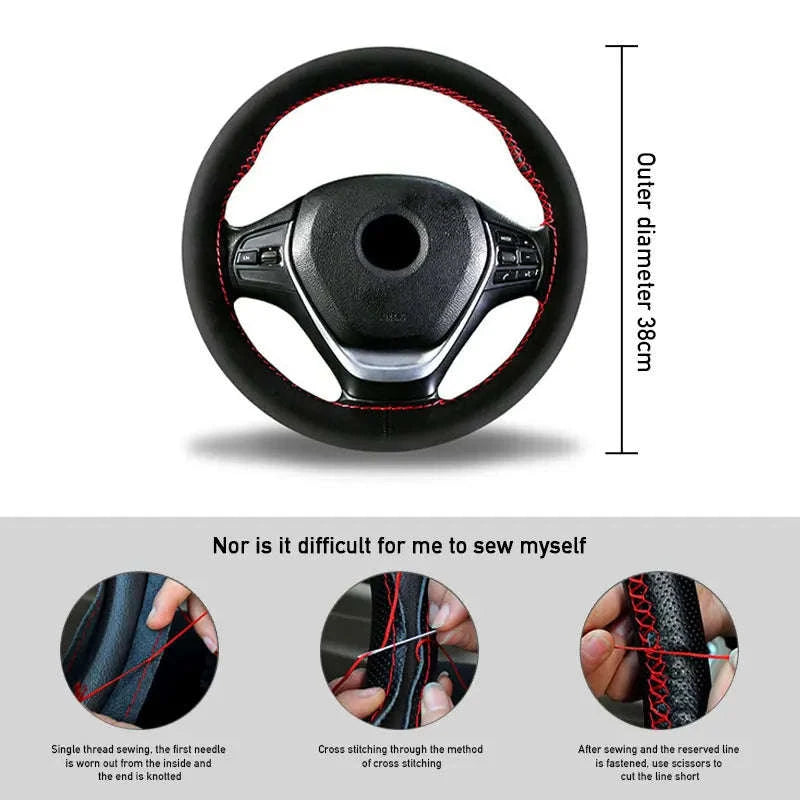 Fur Steering Wheel Cover 38cm Braided Anti Slip Leather-Blue Thread