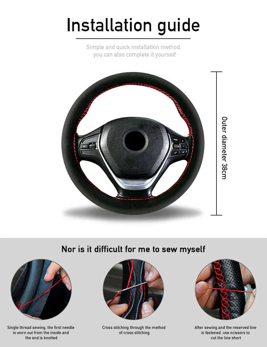 Fur Steering Wheel Cover 38cm Braided Anti Slip Leather-Blue Thread