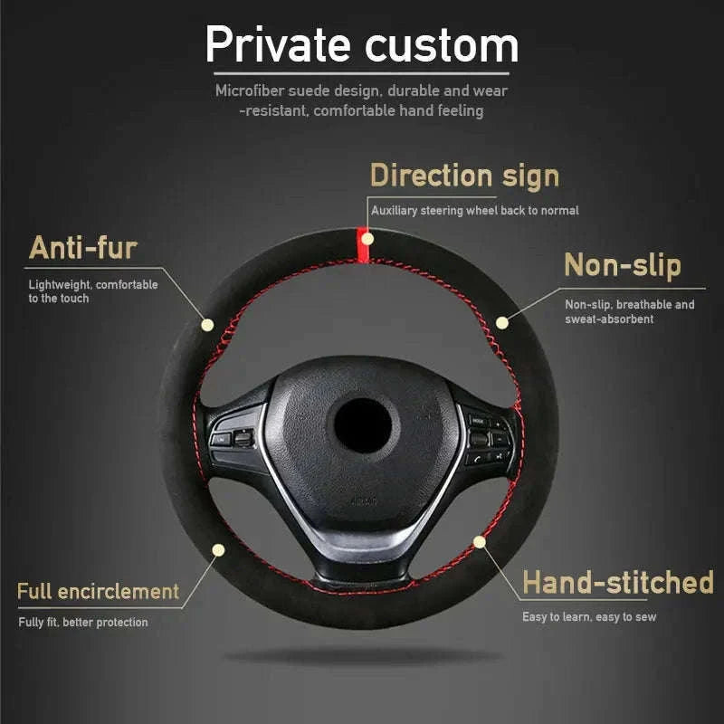 Fur Steering Wheel Cover 38cm Braided Anti Slip Leather-Blue Thread