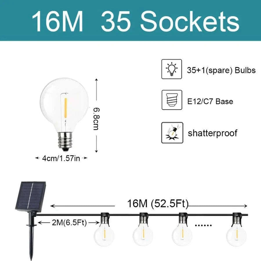 G40 Solar String Lights for Warm Outdoor Ambience-12.5M 26 Bulbs / Poland