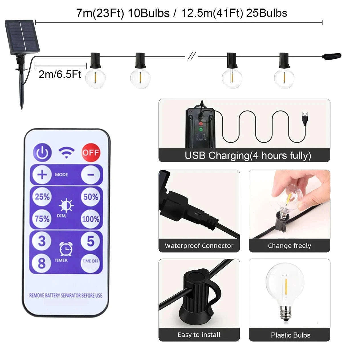 G40 Solar String Lights for Warm Outdoor Ambience-12.5M 26 Bulbs / Poland