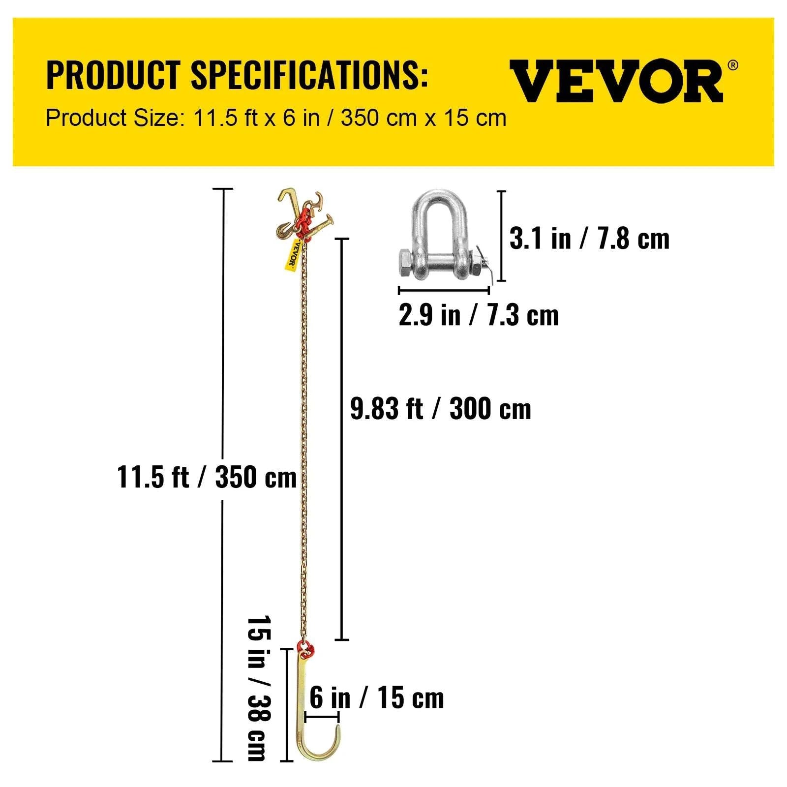 G80 J Hook V-Bridle Tow Chain 5/16in x 10–11.5ft 9260 lbs-16x10ft / CZECH REPUBLIC