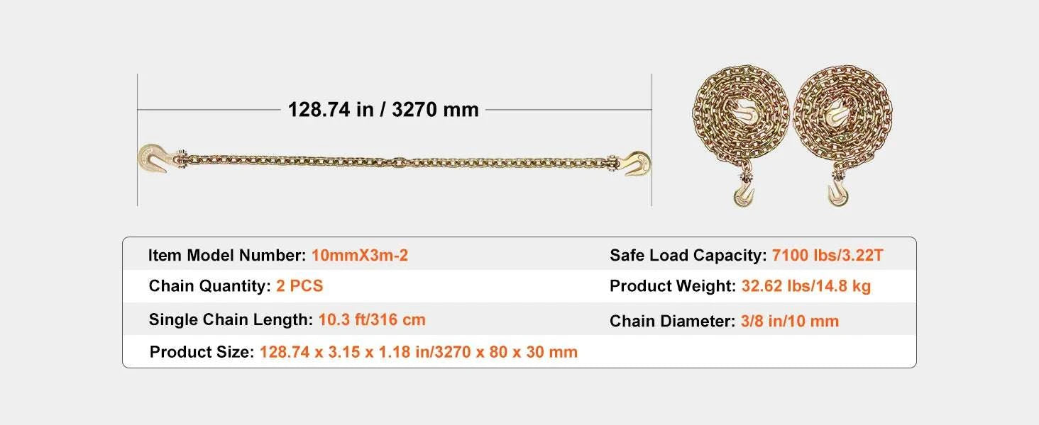 G80 Transport Binder Tow Chain 2-Pack with Clevis Hooks 10.3 ft-0.375inch / United States
