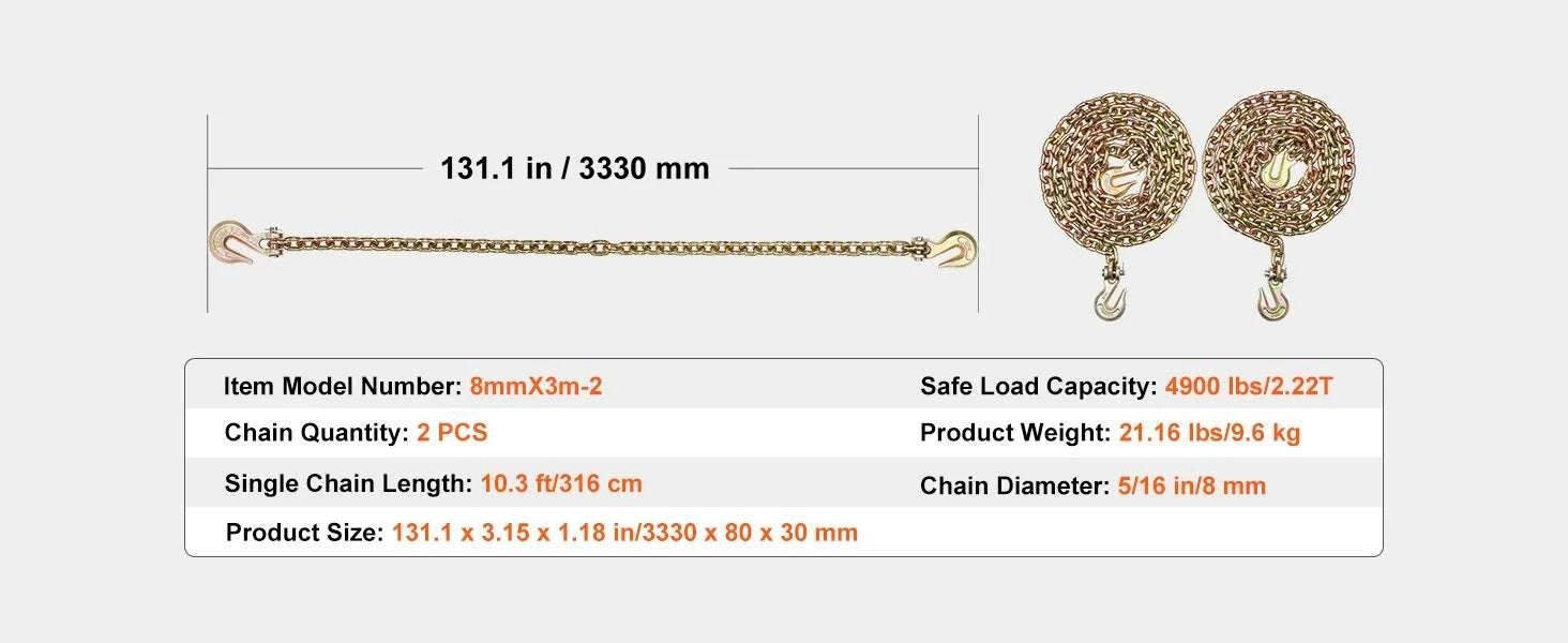 G80 Transport Binder Tow Chain 2-Pack with Clevis Hooks 10.3 ft-0.375inch / United States