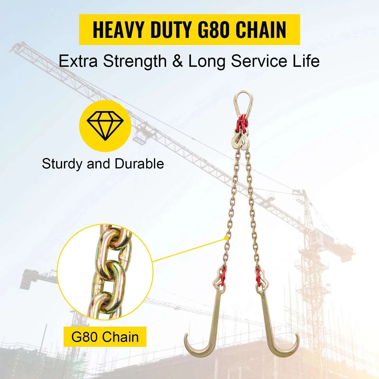 G80 V-Bridle Tow Chain 5/16" x 2 ft with J & T Hooks-2ft / United States