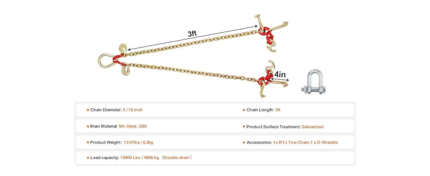 G80 V Bridle Towing Chain with RTJ & Grab Hooks, 10,800 lbs-3ft / spain