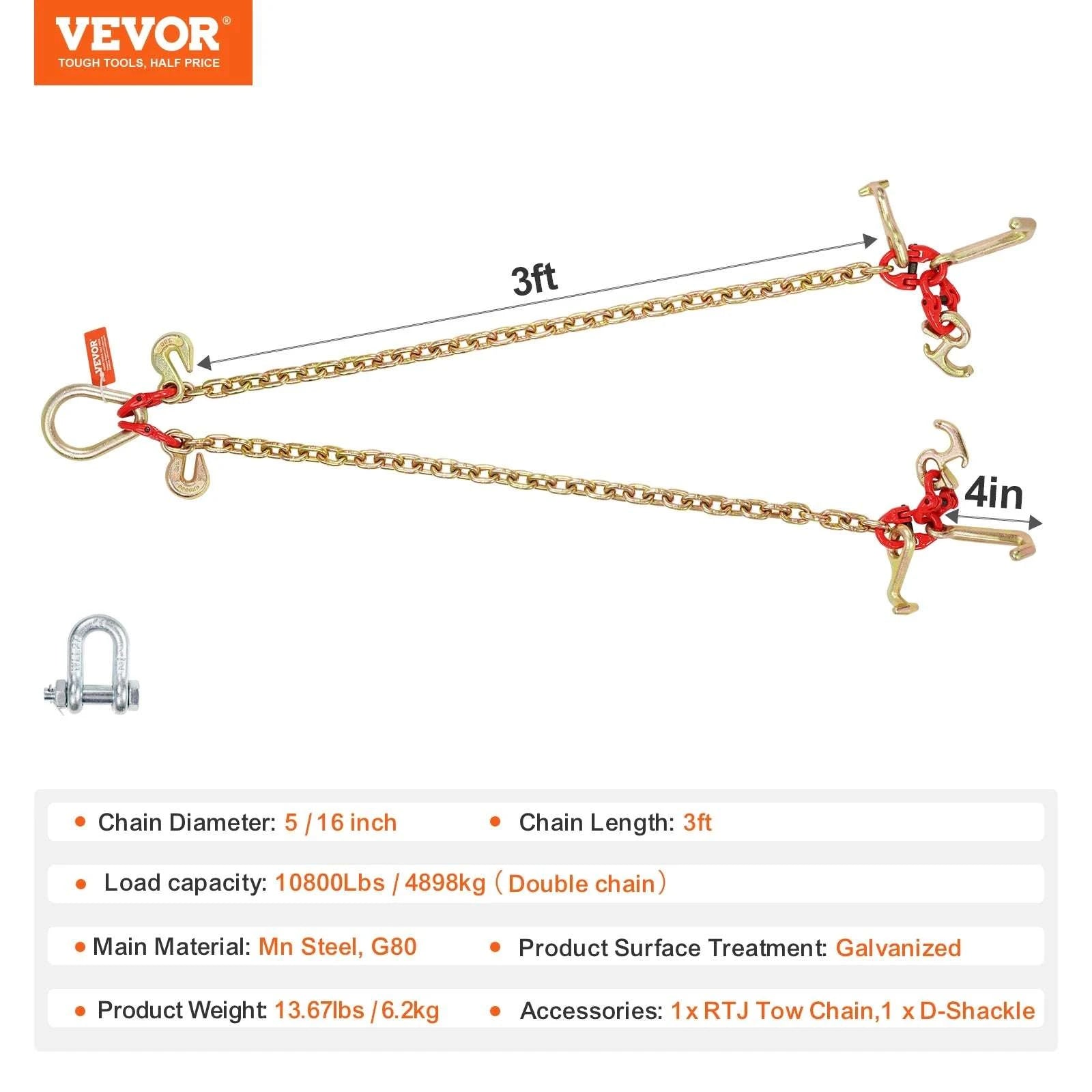 G80 V Bridle Towing Chain with RTJ & Grab Hooks 10800 lbs-3ft / spain