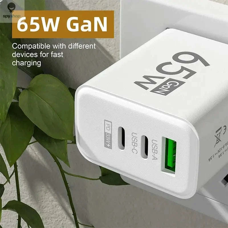 GaN Fast Charging 65W USB Type‑C Charger – Compact, Efficient, Multi‑Device Power-US White