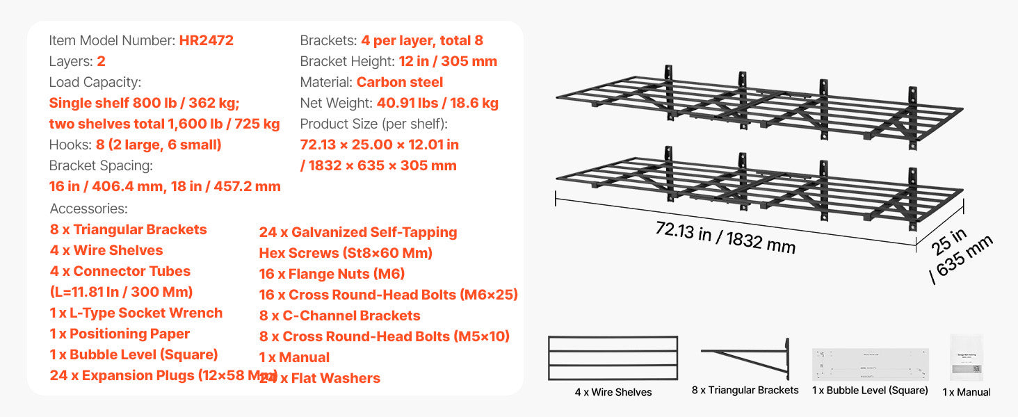2-Tier Garage Wall Shelving 24x72in Steel Rack 800 lbs Capacity