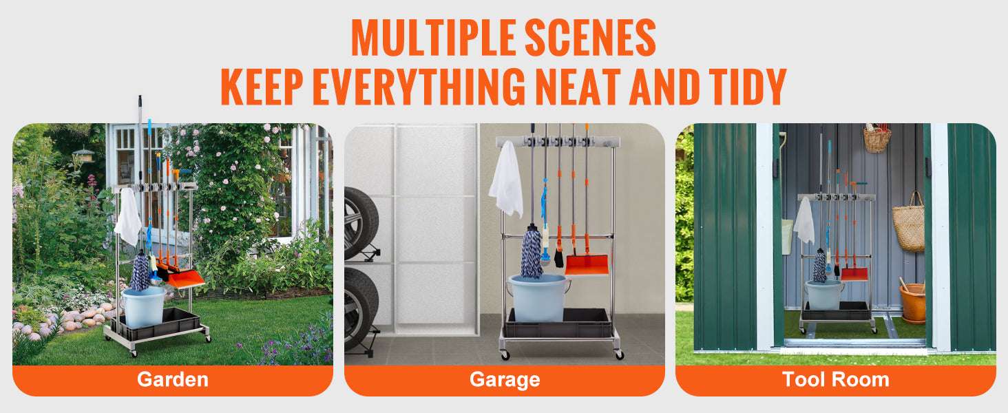 Garden Tool Organizer Rack with 10 Slots, Hooks & Rolling Wheels-10 Slots / United States