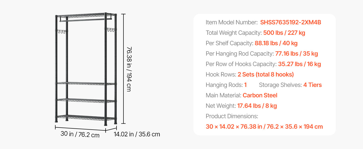 Heavy Duty Clothes Rack with Adjustable Shelves & 450–500 lb Load