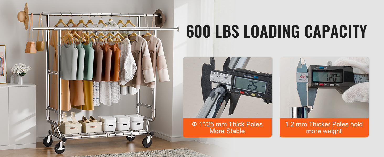 Adjustable Heavy Duty Garment Rack with Wheels & Storage Shelf