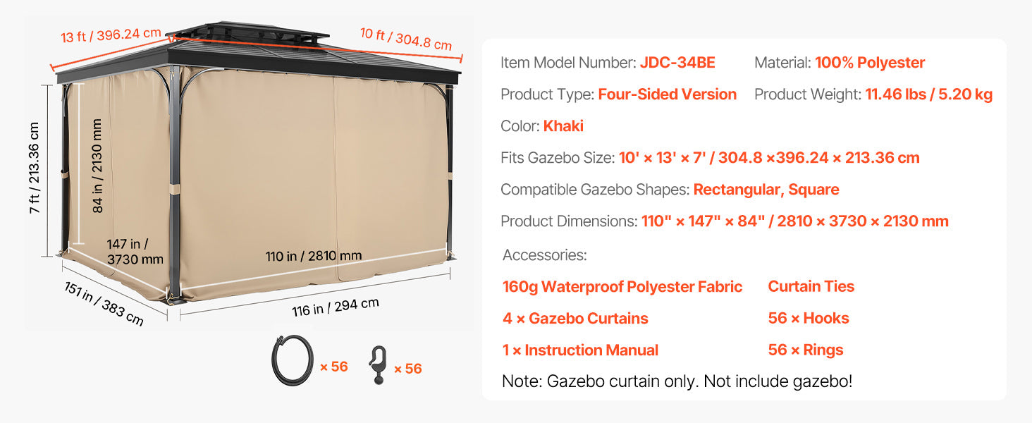 SucceBuy Gazebo Gardiner 4-panel sidevæg gazebo privatlivsgardiner med lynlåse universel solskærm gardiner erstatning til terrasse