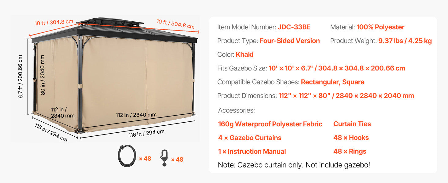 SucceBuy Gazebo Gardiner 4-panel sidevæg gazebo privatlivsgardiner med lynlåse universel solskærm gardiner erstatning til terrasse