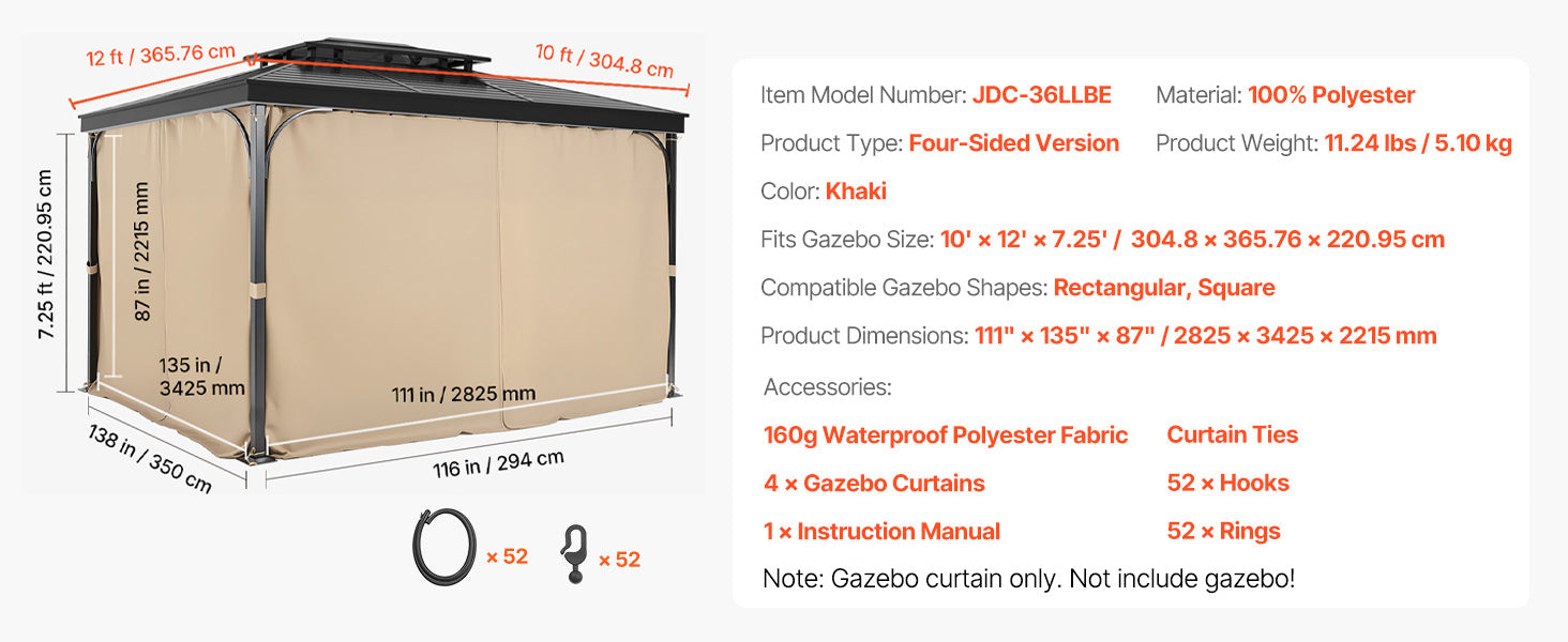 SucceBuy Gazebo Gardiner 4-panel sidevæg gazebo privatlivsgardiner med lynlåse universel solskærm gardiner erstatning til terrasse
