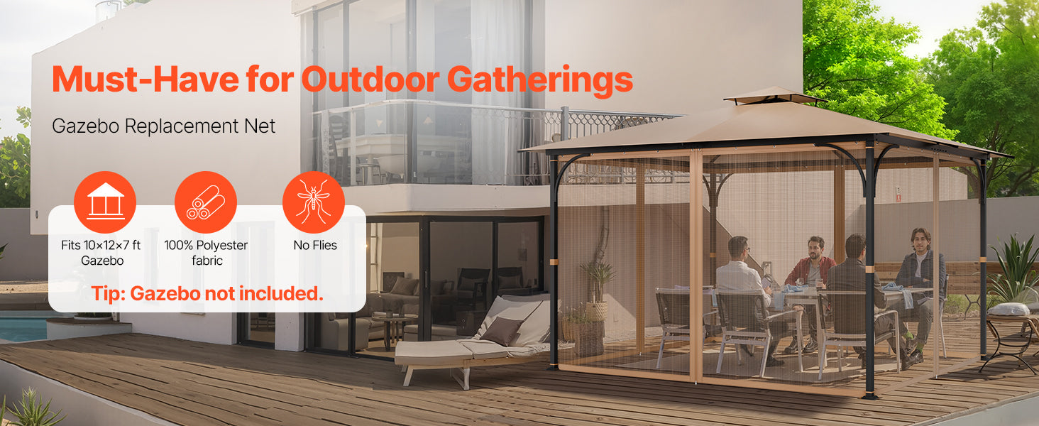 SucceBuy Filet de remplacement pour gazebo Adapté à la plupart des gazebos 10 x 12 x 7 ft Rideau Membre 4 panneaux Murs latéraux en filet Protection de pare-vent (Only filet)