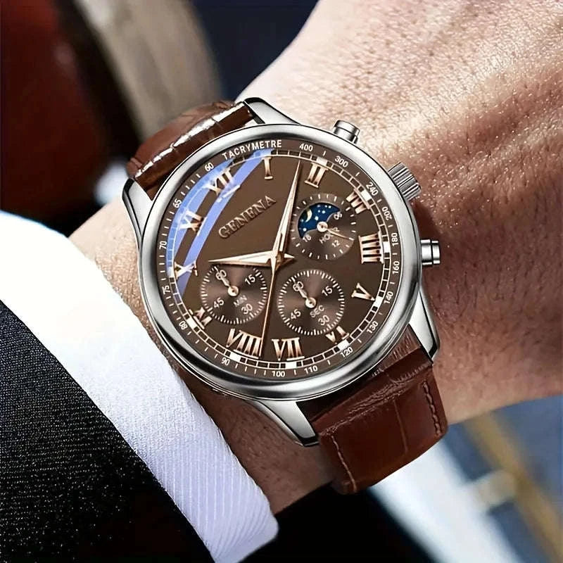 Geneva Luxury Belt Watch for Men-BROWN