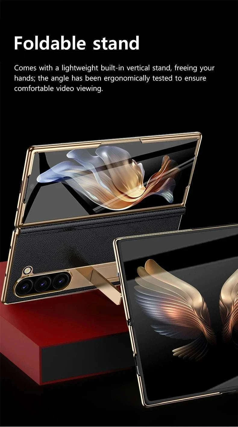 Genuine Leather Case with Magnetic Hinge Stand for Samsung Galaxy Z Fold-