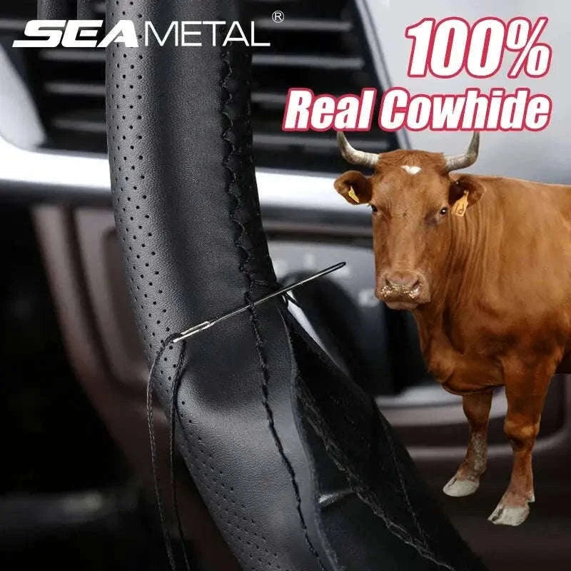 Genuine Leather Steering Wheel Cover-Black