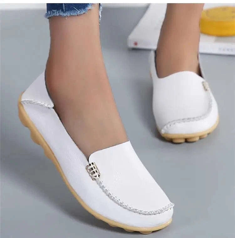 Genuine Leather Women Flats Retro Moccasins-Beige / 36