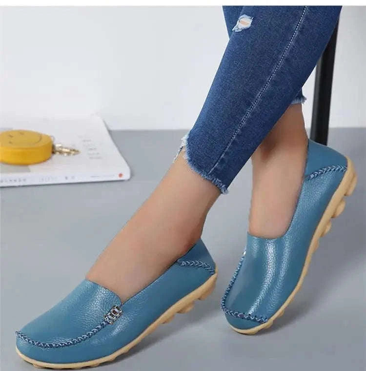 Genuine Leather Women Flats Retro Moccasins-Beige / 36